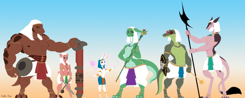 absurd_res anthro armor clothed clothing crocodilian domestic_pig eddy-boy group headgear headwear hi_res lagomorph leporid lizard male mammal melee_weapon muscular muscular_male nipples rabbit reptile scalie sergal shield staff suid suina sus_(pig) sword weapon wide_hips