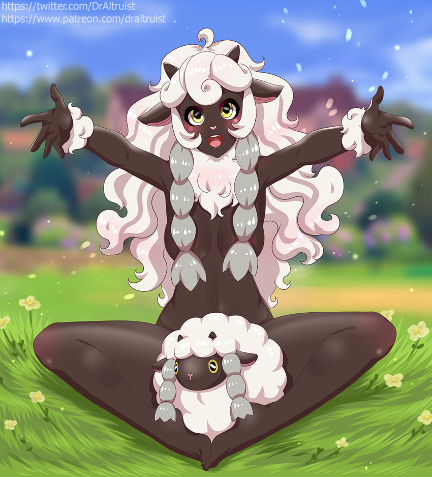 2019 ambiguous_gender anthro anthrofied blurred_background bovid breasts caprine convenient_censorship draltruist duo female feral flower grass hi_res horizontal_pupils looking_at_viewer mammal nintendo open_mouth open_smile outside pink_nose plant pok&eacute;mon pok&eacute;mon_(species) pok&eacute;morph smile url video_games wool wooloo yellow_eyes yellow_sclera