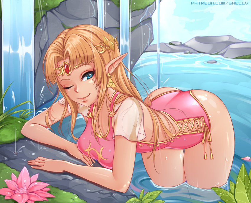 1girl ;) adapted_costume artist_name ass bangs bent_over blonde_hair blue_eyes breasts circlet earrings flower forehead_jewel gem gold highres jewelry long_hair looking_at_viewer lotus medium_breasts one-piece_swimsuit one_eye_closed parted_bangs pink_flower pink_swimsuit pointy_ears princess_zelda shellvi short_sleeves smile solo super_smash_bros. swimsuit the_legend_of_zelda the_legend_of_zelda:_a_link_between_worlds triforce wading water waterfall wet