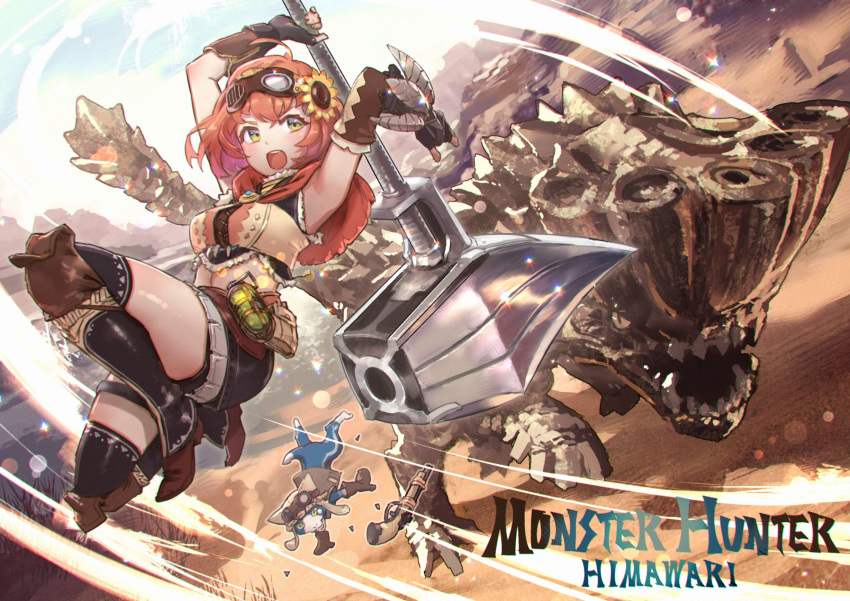 1girl action ahoge armpits barroth battle black_legwear blush boots capelet cat character_name commentary copyright_name crossover desert elbow_gloves felyne fingerless_gloves flower gloves goggles goggles_on_head green_eyes gun hair_flower hair_ornament hairclip hammer highres honma_himawari huge_weapon jumping kaburagi_yasutaka looking_back looking_to_the_side medium_hair midriff monster monster_hunter nijisanji orange_hair outdoors sleeveless sunflower thighhighs title_parody upper_teeth weapon