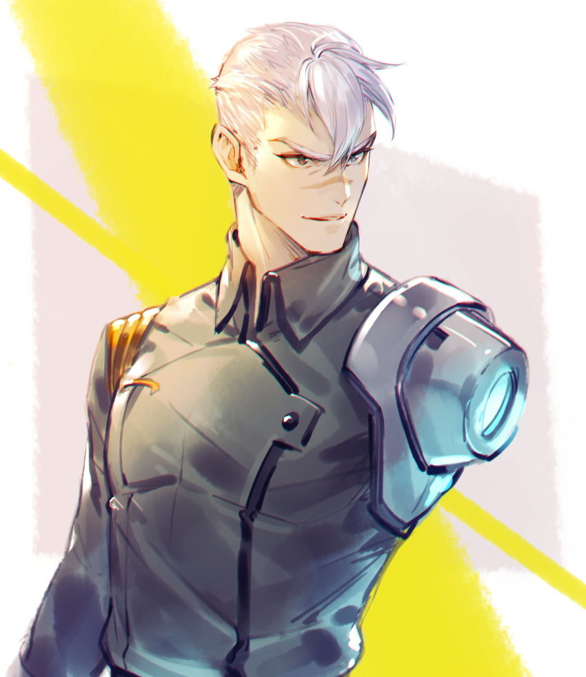 1boy bomssp detached_arm error grey_eyes grey_hair highres hyakujuu-ou_golion male_focus military military_uniform prosthesis prosthetic_arm scar silver_hair solo spoilers takashi_shirogane uniform upper_body voltron:_legendary_defender white_hair