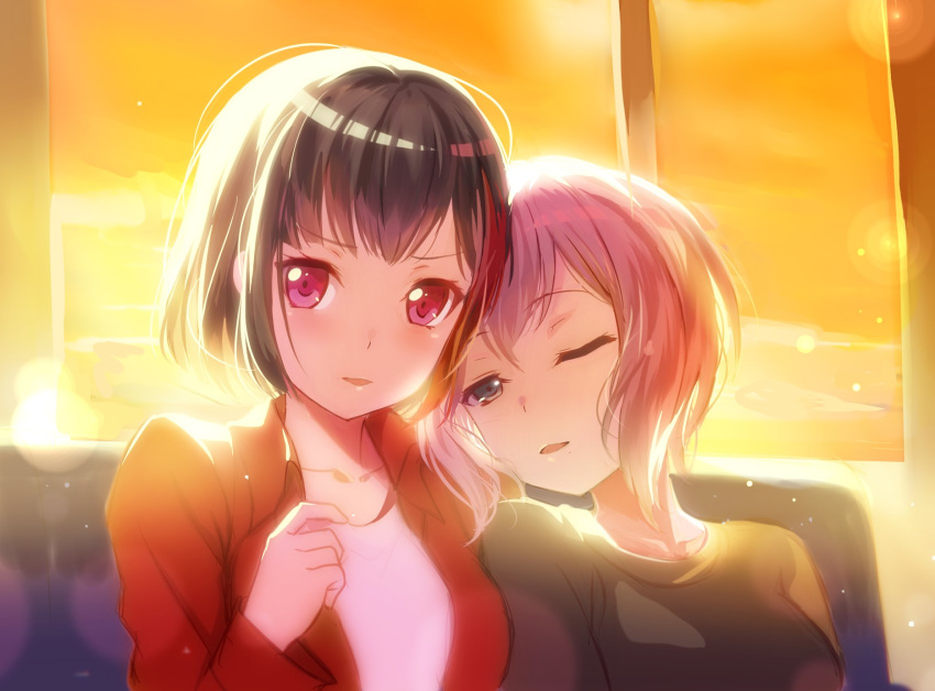 2girls aoba_moca bang_dream! bangs black_hair black_shirt blue_eyes blush grey_hair half-closed_eyes head_on_another's_shoulder highres izu_(izzzzz27) jacket leaning_on_person lens_flare looking_away looking_to_the_side mitake_ran multicolored_hair multiple_girls one_eye_closed parted_lips pink_hair red_eyes red_hair red_jacket shirt short_hair silver_hair sitting sleepy streaked_hair sunset upper_body window