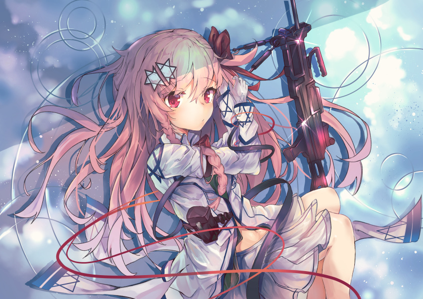 1girl absurdres bangs blue_sky bow bowtie braid fetal_position full_body girls_frontline glint gloves hair_bow hair_ornament hairclip hexagram highres imi_negev jacket long_hair long_sleeves looking_at_viewer lying midriff military military_uniform negev_(girls_frontline) on_side one_side_up open_clothes open_jacket pink_hair pleated_skirt red_bow red_eyes red_neckwear red_string reflection skirt sky solo star star_hair_ornament star_of_david string uniform white_gloves white_jacket white_skirt