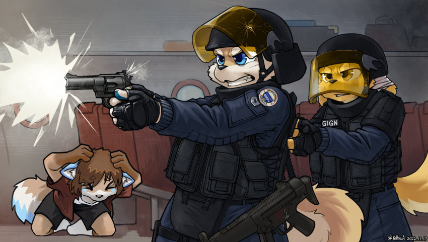 armor canid canine clothing detailed_background fingerless_gloves gloves group gun handgun handwear headgear helmet hi_res him_army male mammal mp5 police police_uniform pouches ranged_weapon revolver shooting submachine_gun trio uniform weapon