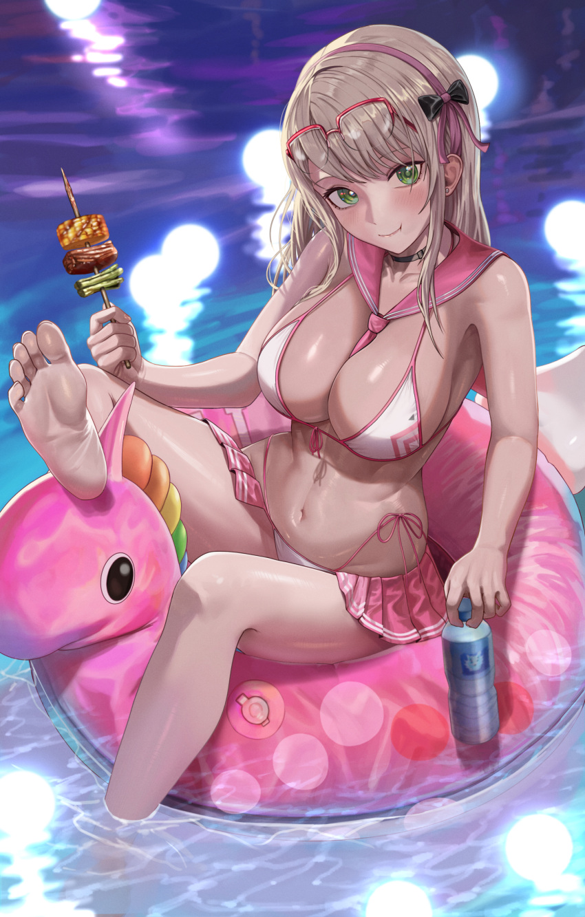 1girl :t bikini black_choker blonde_hair bottle bow breasts choker cleavage closed_mouth corn eating food goddess_of_victory:_nikke green_eyes hair_between_eyes hair_bow hairband highres holding holding_bottle large_breasts meat neckerchief neon_(blue_ocean)_(nikke) neon_(nikke) pink_hairband pink_neckerchief pink_sailor_collar pink_trim sailor_collar silvertsuki sitting skewer soles solo swim_ring swimsuit water water_bottle white_bikini