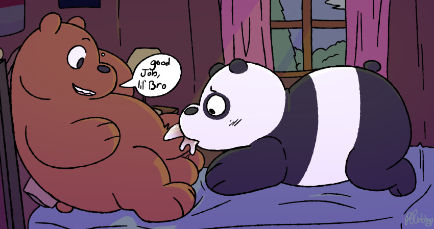 2019 absurd_res anthro balls bed brown_bear brown_fur cartoon_network cum cum_on_penis detailed_background dialogue duo english_text fellatio fur giant_panda grizzly_(wbb) grizzly_bear hi_res incest male male/male mammal oral panda_(wbb) peachy-pudding penile penis sex sitting slightly_chubby text ursid ursine we_bare_bears