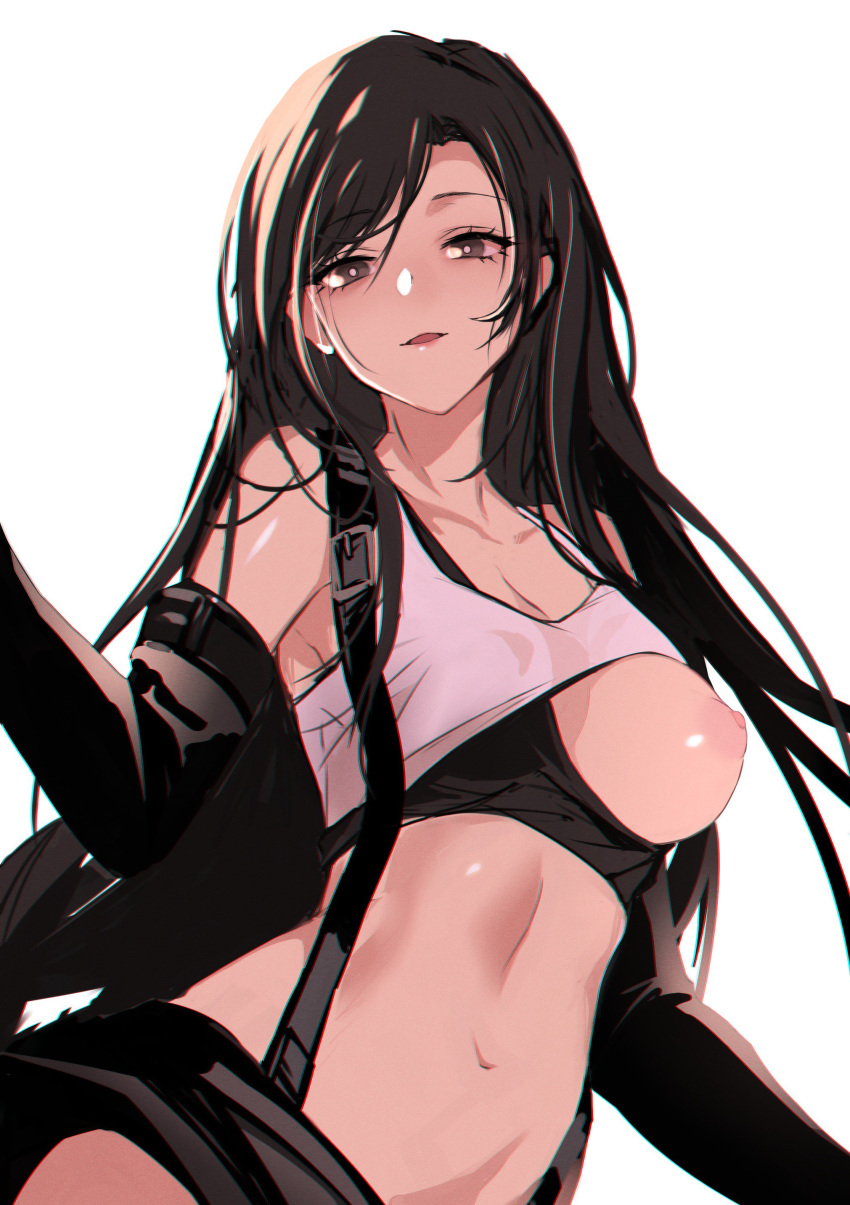 1girl absurdres black_hair blush breasts commentary commentary_request earrings final_fantasy final_fantasy_vii highres jewelry long_hair looking_at_viewer midriff nipples one_breast_out open_mouth realmbw shiny shiny_skin simple_background skirt suspender_skirt suspenders tank_top tifa_lockhart white_background