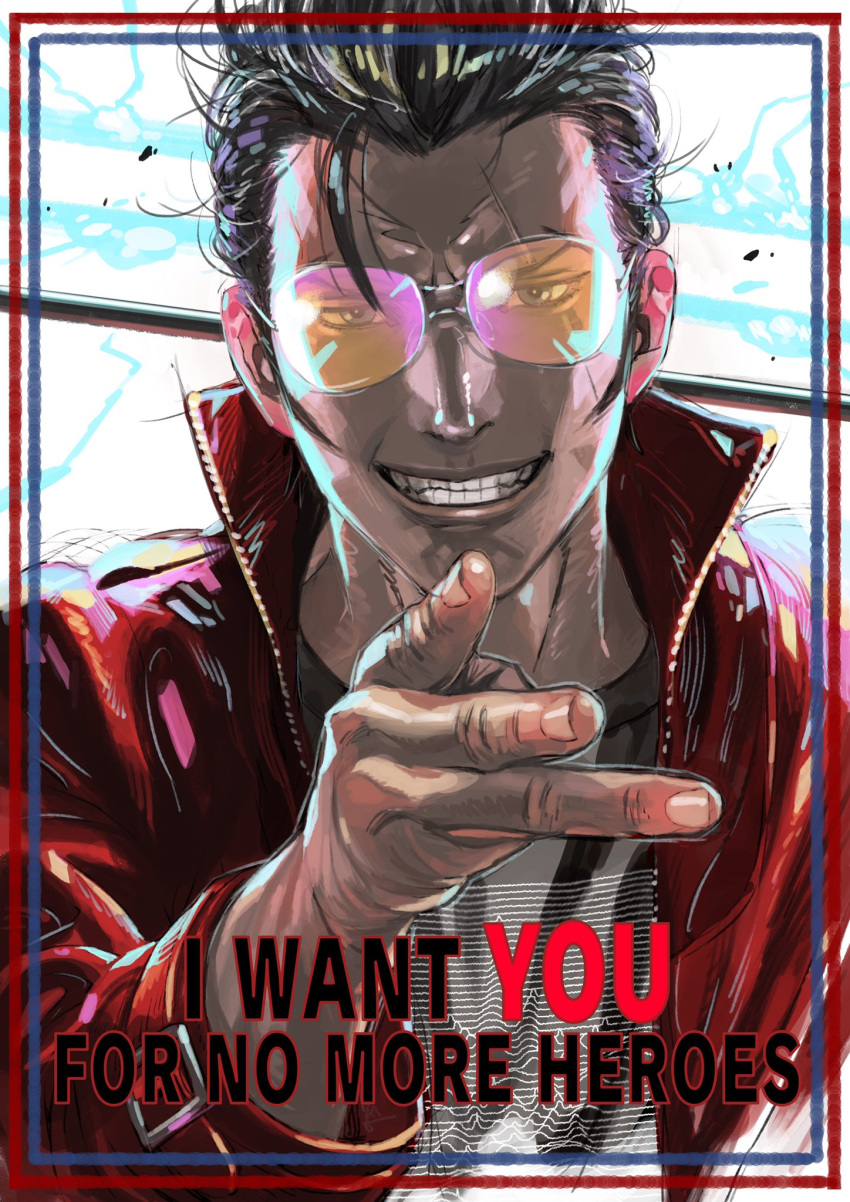 1boy black_hair blue_eyes copyright_name grin highres jacket kozaki_yuusuke looking_at_viewer male_focus no_more_heroes red_jacket simple_background smile solo sunglasses travis_touchdown upper_body white_background