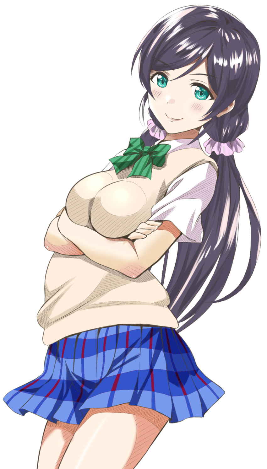 1girl black_hair blue_skirt bonfurai bow bowtie cowboy_shot crossed_arms dress_shirt green_eyes green_neckwear highres lips long_hair looking_at_viewer love_live! love_live!_school_idol_project low_twintails otonokizaka_school_uniform pink_scrunchie plaid plaid_skirt pleated_skirt school_uniform scrunchie shirt short_sleeves simple_background skirt solo striped striped_neckwear sweater_vest toujou_nozomi twintails white_background white_shirt