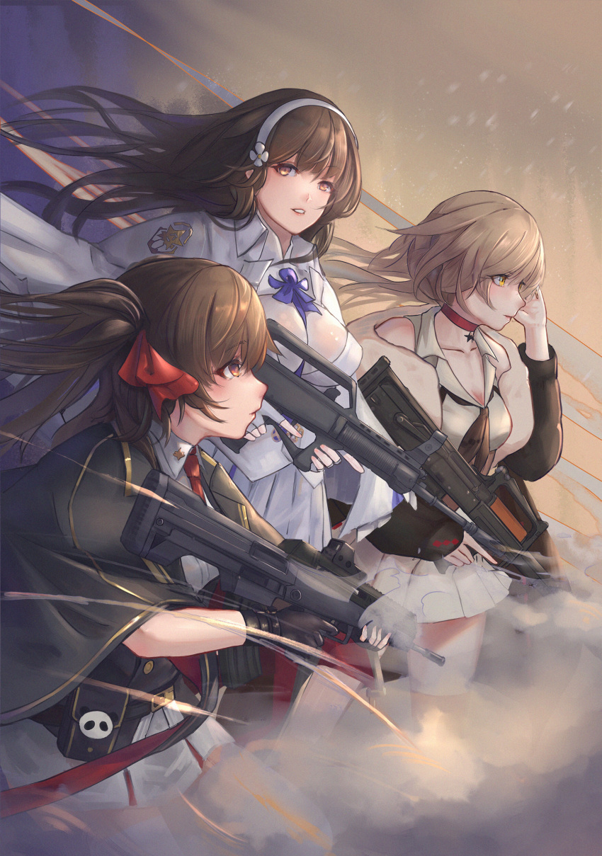 3girls absurdres assault_rifle bangs between_breasts black_gloves black_hair black_legwear blonde_hair blunt_bangs blush braid breasts brown_eyes bullpup cape choker cleavage closed_mouth double-breasted dress eyebrows_visible_through_hair floating_hair flower girls_frontline gloves gun hair_between_eyes hair_flower hair_ornament hair_ribbon hairband highres holding holding_gun holding_weapon large_breasts long_hair looking_afar looking_at_viewer multiple_girls ots-14_(girls_frontline) pantyhose parted_lips pleated_skirt qbz-95 qbz-95_(girls_frontline) qbz-97_(girls_frontline) ribbon rifle shirt sidelocks skirt smile smoke thighhighs twintails underbust very_long_hair weapon white_gloves white_hairband white_legwear white_shirt white_skirt wind xyufsky yellow_eyes