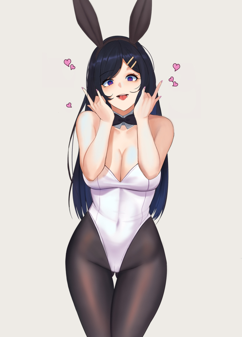 :d :p animal_ears ass_visible_through_thighs bangs bare_shoulders black_gloves black_legwear blue_hair blush breasts bunny_ears bunnysuit cleavage collarbone covered_navel detached_collar elbow_gloves eyebrows_visible_through_hair fake_animal_ears gg-e gloves grey_background groin hairband head_tilt heart highleg highleg_leotard highres large_breasts leotard long_hair looking_at_viewer open_mouth original pantyhose sidelocks simple_background smile strapless strapless_leotard tail tongue tongue_out white_leotard