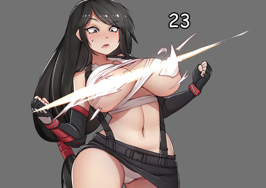 1girl areolae bangs bare_shoulders belt black_belt black_eyes black_gloves black_hair black_skirt blush breasts clenched_hand comic_sans commentary cowboy_shot crop_top damage_numbers elbow_gloves eyebrows_visible_through_hair final_fantasy final_fantasy_vii fingerless_gloves gloves grey_background hands_up highres large_breasts long_hair looking_down low-tied_long_hair midriff miniskirt mochi_(chain_csn) navel nose_blush open_mouth panties pantyshot pantyshot_(standing) pencil_skirt shirt sidelocks simple_background skirt slash sleeveless sleeveless_shirt solo standing stomach suspender_skirt suspenders sweat swept_bangs tifa_lockhart torn_clothes torn_shirt underwear very_long_hair white_panties white_shirt