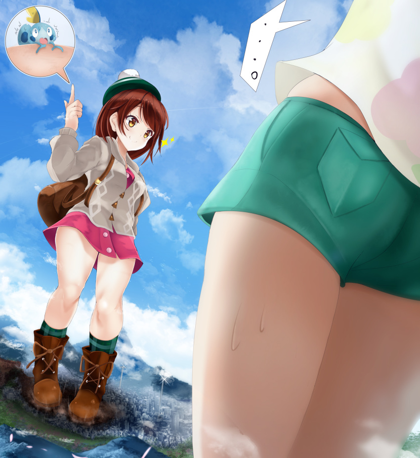 2girls alicemagic ass backpack bag bangs bob_cut boots brown_eyes brown_footwear brown_hair cardigan city close-up commentary commentary_request crushing dress dynamax female_protagonist_(pokemon_swsh) gen_8_pokemon giantess green_headwear green_legwear green_shorts grey_cardigan hat highres landscape long_sleeves mizuki_(pokemon) multiple_girls on_finger parted_bangs pink_dress pointing pointing_up pokemon pokemon_(creature) pokemon_(game) pokemon_sm pokemon_swsh short_hair shorts smile sobble socks sparkle sweatdrop thighs underwear