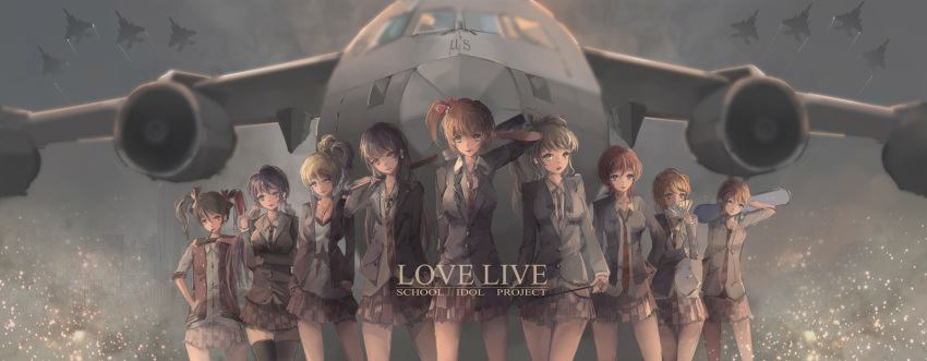 6+girls aircraft airplane ayase_eli b-52_stratofortress bomber card club copyright_name cross fan fighter_jet group_name hand_wraps highres hoshizora_rin jet koizumi_hanayo kousaka_honoka love_live! love_live!_school_idol_project military military_vehicle minami_kotori multiple_girls necktie nishikino_maki qianqian school_uniform sonoda_umi sparks toujou_nozomi weapon yazawa_nico