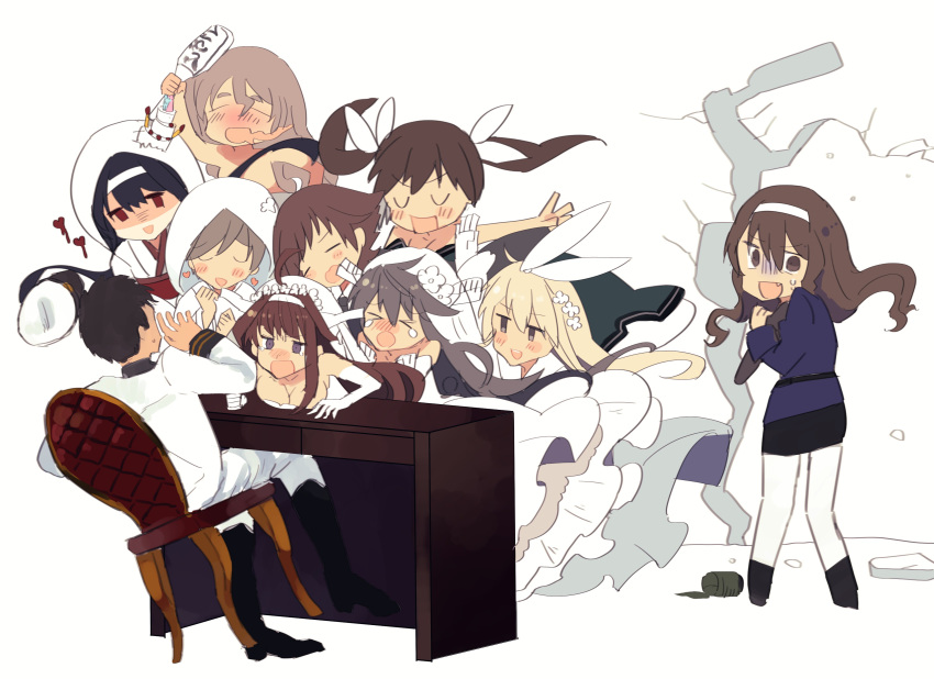 1boy 6+girls :d absurdres admiral_(kantai_collection) alternate_costume ashigara_(kantai_collection) bangs bare_shoulders black_hair black_neckwear blonde_hair blush boots bottle breasts bridal_veil brown_eyes brown_hair chair chitose_(kantai_collection) cleavage closed_eyes collarbone collared_shirt commentary constricted_pupils cracked_wall crying cup desk dress edel_(edelcat) elbow_gloves fang flower full_body fusou_(kantai_collection) gloves grey_eyes grey_hair hair_flower hair_ornament hair_ribbon hairband haruna_(kantai_collection) hat hat_removed headgear headwear_removed heart hiei_(kantai_collection) highres holding holding_bottle holding_tray hole_in_wall japanese_clothes jitome kantai_collection kimono kongou_(kantai_collection) long_hair long_sleeves military military_hat military_jacket military_uniform multiple_girls naval_uniform necktie nose_blush nude open_mouth pale_face peaked_cap pola_(kantai_collection) purple_eyes red_eyes ribbon round_teeth shimakaze_(kantai_collection) shirt shoes short_hair simple_background sitting smile sweat swept_bangs teacup tears teeth thick_eyebrows tone_(kantai_collection) tray twintails uniform veil wavy_hair wedding_dress white_background white_gloves white_headwear white_kimono white_legwear white_ribbon white_shirt