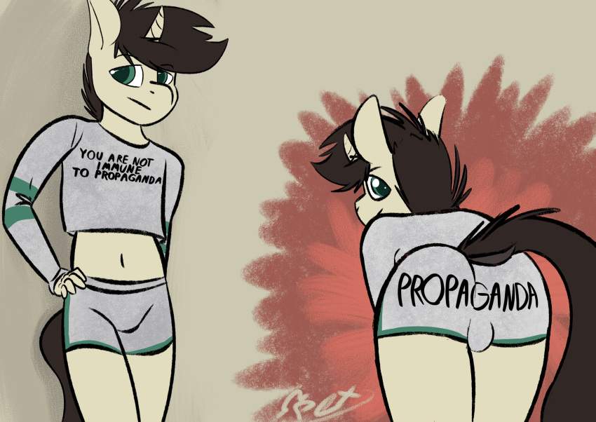 2019 anthro belly bulge butt clothed clothing digital_media_(artwork) equid equine fan_character green_eyes hair hi_res horn horse looking_at_viewer looking_back male mammal meme my_little_pony navel omegapex pone_keith pony simple_background smile solo unicorn