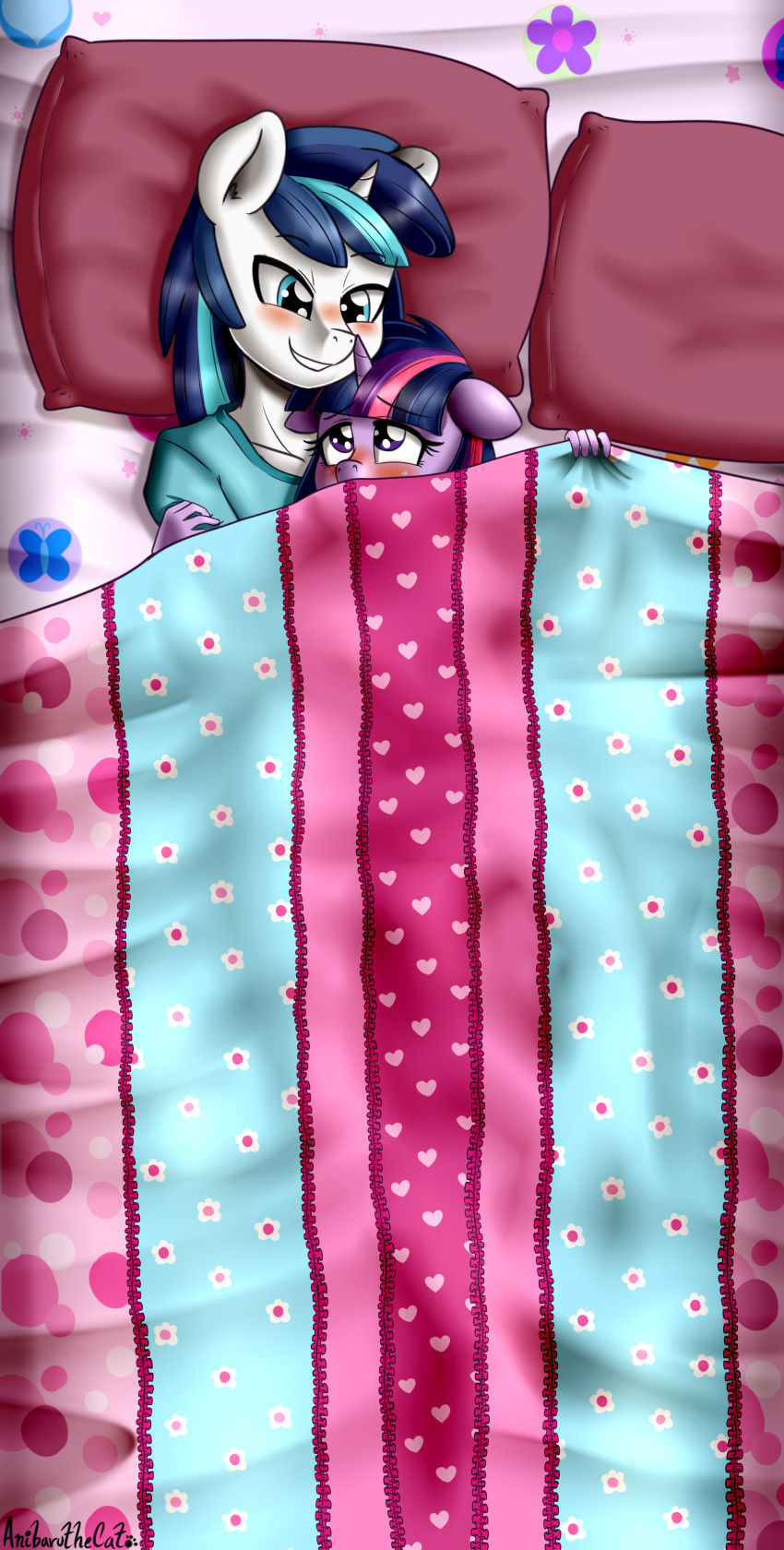 2019 absurd_res anibaruthecat blush brother brother_and_sister clothing duo equid eyelashes friendship_is_magic hi_res horn lying mammal my_little_pony on_back pillow shining_armor_(mlp) sibling sister twilight_sparkle_(mlp) unicorn