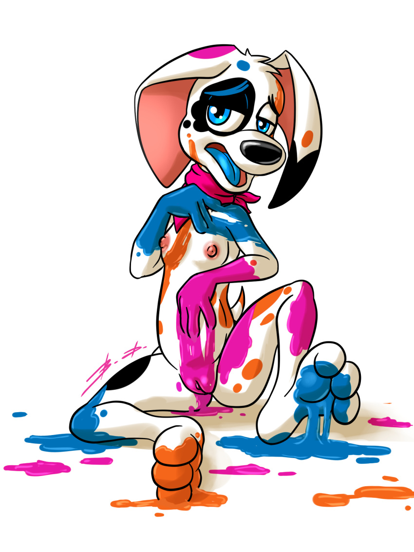 101_dalmatian_street 3_toes anthro bandanna bassybird blue_eyes blue_tongue bodypaint breasts canid canine canis da_vinci_(101_dalmatians) disney domestic_dog feet female hi_res mammal nipples paint paws pussy simple_background small_breasts toes tongue white_background young