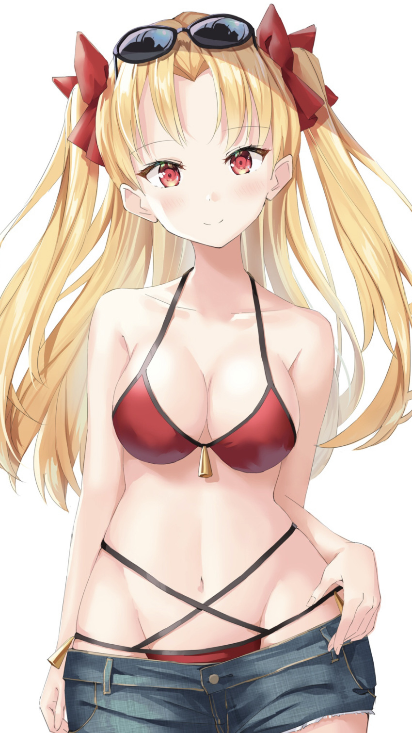 1girl arm_at_side bangs bare_shoulders bikini black-framed_eyewear blonde_hair blush bow breasts closed_mouth collarbone cowboy_shot cutoffs denim denim_shorts ereshkigal_(fate/grand_order) eyebrows_visible_through_hair eyewear_on_head fate/grand_order fate_(series) groin hair_bow hand_on_hip highres hiyoko_(pixiv16803940) long_hair looking_at_viewer medium_breasts navel parted_bangs red_bikini red_bow red_eyes short_shorts shorts smile solo stomach sunglasses swimsuit two_side_up