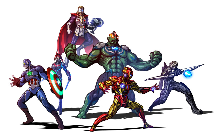 1girl 5boys armor avengers black_widow blonde_hair blue_eyes bodysuit bow_(weapon) breasts cape captain_america crossover ear_protection facial_hair giant gloves glowing glowing_eyes green_skin hammer hawkeye_(marvel) highres holding horns hulk iron_man kuroda_asaki long_hair marvel mask mjolnir multiple_boys muscle nexus shield star superhero tagme the_ultraman thor_(marvel) ultra_series ultra_seven ultra_seven_(series) ultraman_jonias ultraman_king ultraman_nexus ultraman_nexus_(series) ultraman_orb ultraman_orb_(series) ultraman_x ultraman_x_(series) weapon yellow_eyes