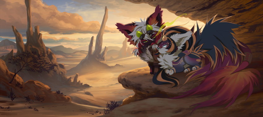 2019 akitamonster ambiguous_gender canid day desert detailed_background digital_media_(artwork) duo felid feral mammal unknown_species