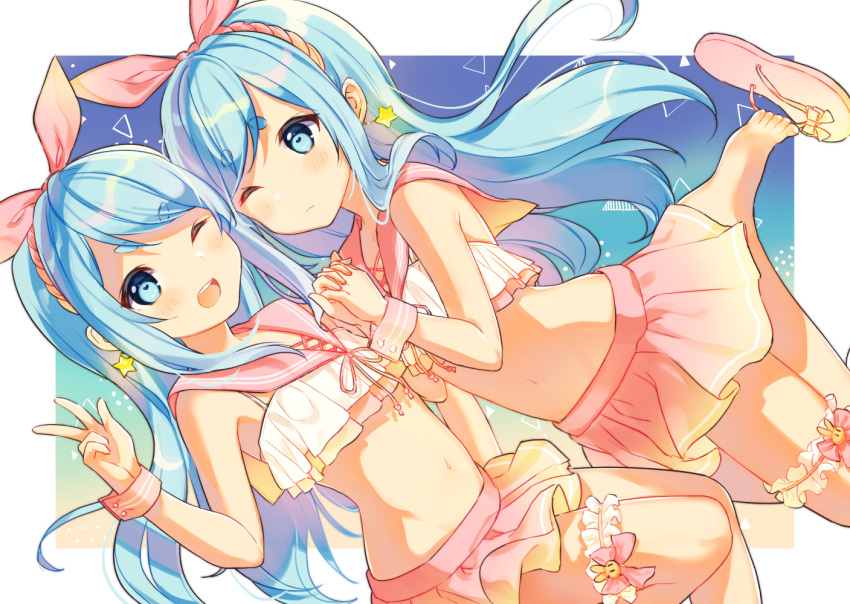 2girls ;d bare_arms bare_shoulders barefoot blue_eyes blue_hair closed_mouth commentary_request cona_kinaco crop_top earrings feet gradient hairband holding_hands jewelry leg_garter long_hair looking_at_viewer midriff miniskirt multiple_girls navel near_(sound_voltex) noah_(sound_voltex) one_eye_closed open_mouth pink_sailor_collar pink_skirt sailor_collar shirt siblings sisters skirt sleeveless sleeveless_shirt slippers smile sound_voltex star star_earrings stomach thick_eyebrows twins v white_shirt wrist_cuffs