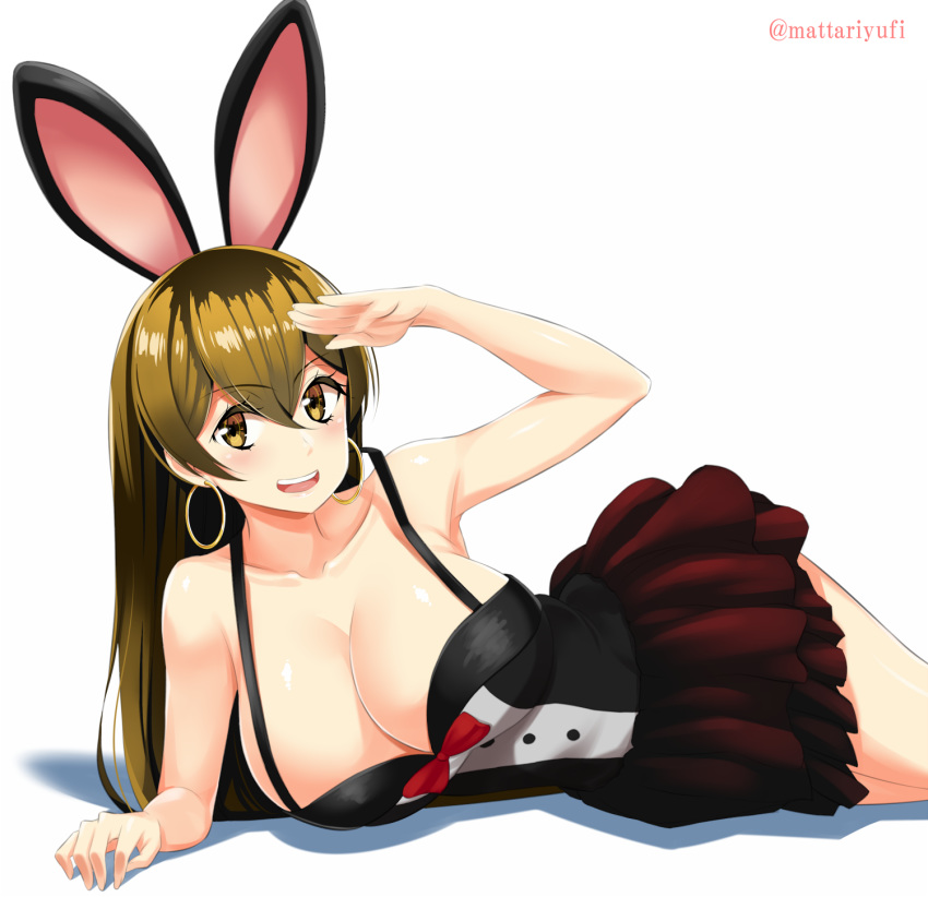 1girl animal_ears bow bowtie breasts brown_eyes brown_hair bunny_ears cleavage cocktail_dress commentary_request dress earrings eyebrows_visible_through_hair fake_animal_ears fate/grand_order fate_(series) hair_between_eyes hairband highres jewelry large_breasts long_hair looking_at_viewer lying mattari_yufi on_side open_mouth pleated_skirt salute shadow skirt sleeveless sleeveless_dress smile solo white_background xuanzang_(fate/grand_order)