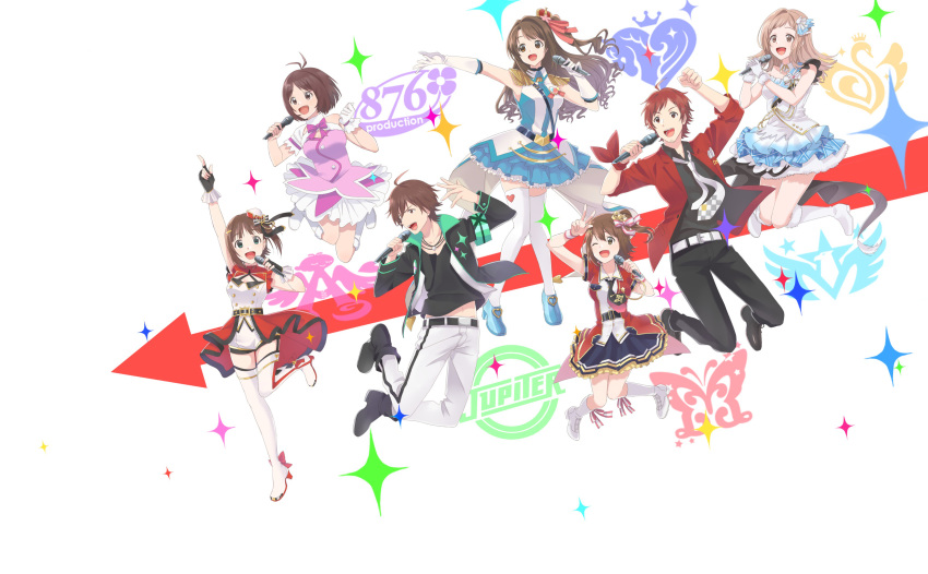 2boys 5girls absurdres ahoge amagase_touma amami_haruka antenna_hair arrow bangs boots brown_hair cute_&amp;_girly_(idolmaster) dress facial_hair gloves goatee hidaka_ai highres ichi_p idol idolmaster idolmaster_cinderella_girls idolmaster_dearly_stars idolmaster_million_live! idolmaster_shiny_colors idolmaster_side-m kasuga_mirai logo long_hair looking_at_viewer multiple_boys multiple_girls necktie open_mouth red_eyes red_hair sakuragi_mano shimamura_uzuki short_hair smile starting_brighty tendou_teru