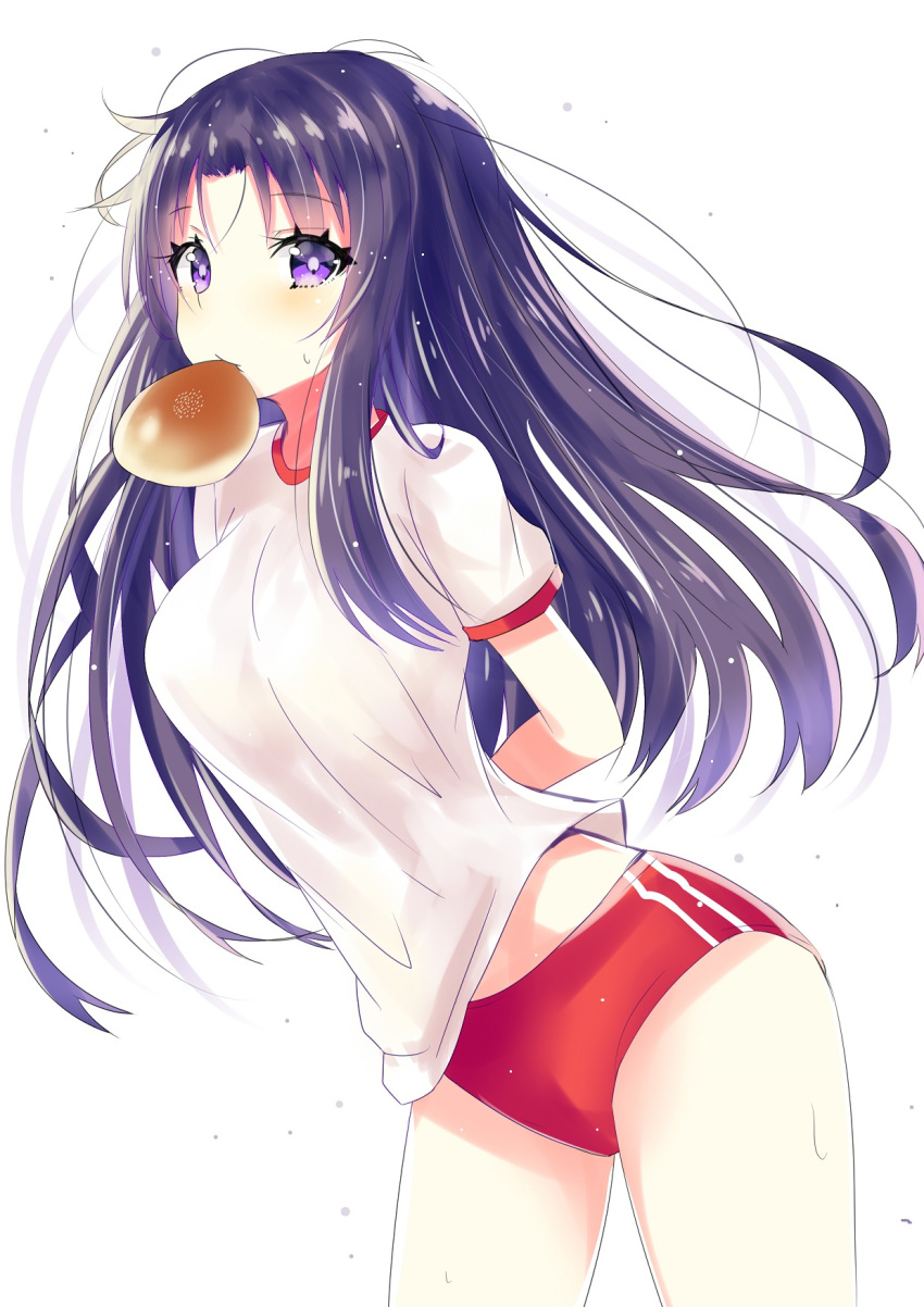 1girl arms_behind_back bangs blush bread bread_eating_race buruma commentary_request cowboy_shot eyebrows_visible_through_hair food food_in_mouth gym_shirt gym_uniform highres hizaka kawana_misaki leaning_forward long_hair mouth_hold one puffy_short_sleeves puffy_sleeves purple_eyes purple_hair red_buruma shirt short_sleeves simple_background solo sweat very_long_hair white_background white_shirt