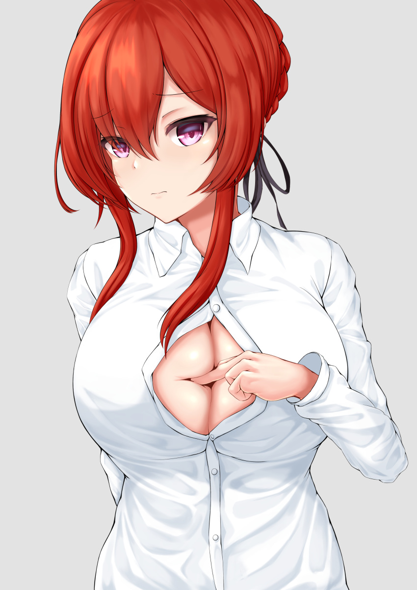 1girl absurdres annpannmenn_(anpanmenkosian) azur_lane black_ribbon braid breasts buttons cleavage closed_mouth deep_skin dress_shirt eyebrows_visible_through_hair frown hair_between_eyes hair_ribbon head_tilt highres large_breasts long_sleeves looking_at_viewer monarch_(azur_lane) open_clothes open_shirt paizuri_invitation partially_unbuttoned purple_eyes red_hair ribbon shirt short_hair_with_long_locks sidelocks solo upper_body white_shirt wing_collar