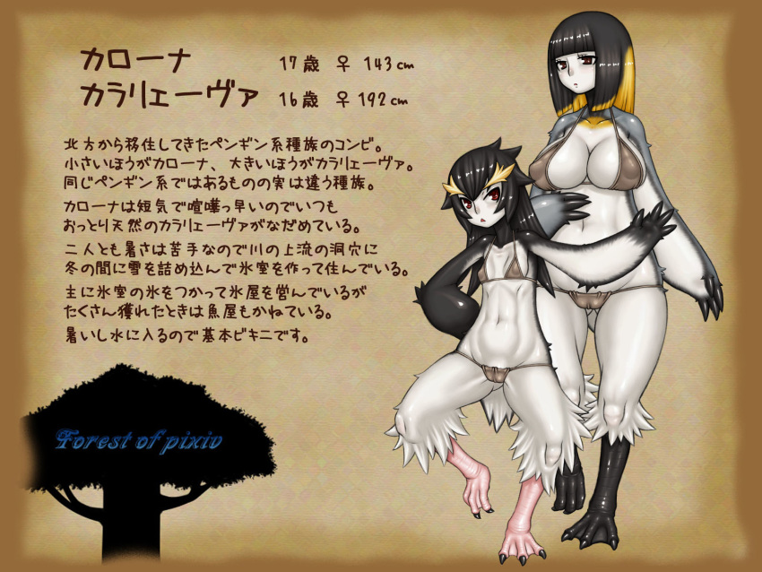 4:3 animal_humanoid avian avian_humanoid big_breasts bird black_fur black_hair blonde_highlights breast_size_difference breasts brown_eyes camel_toe clothed clothing crested_penguin duo emperor_penguin female forest_of_pixiv full-length_portrait fur fur_tuft glistening glistening_hair grey_fur hair hair_highlights hi_res humanoid japanese_text multicolored_fur namu_gunsou navel nipple_outline penguin portrait red_eyes skimpy small_breasts text translation_request tuft white_fur yellow_fur