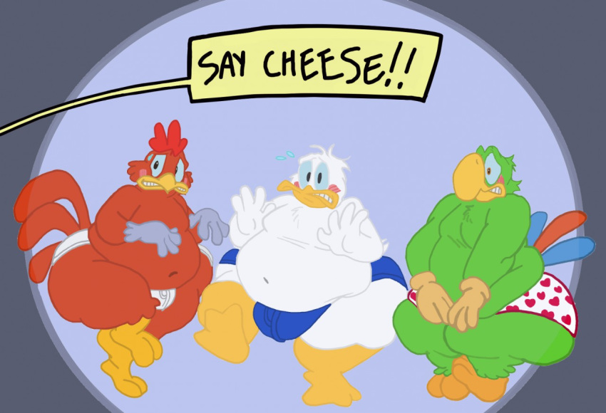 anatid anseriform avian bird blush chicken clothing covering disney donald_duck duck embarrassed galliform gallus_(genus) jos&eacute;_carioca legend_of_the_three_caballeros male nondelismell overweight panchito_pistoles parrot phasianid text the_three_caballeros underwear