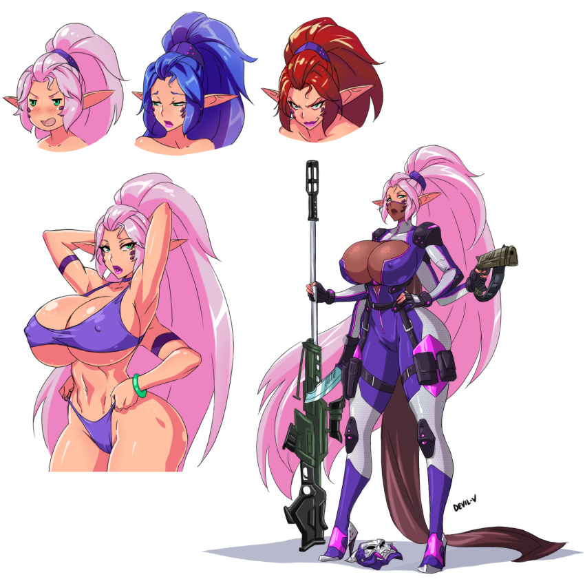 1girl bikini blue_hair body_blush breasts devil-v full_body gun highres huge_breasts knife multiple_arms multiple_persona original pink_hair red_hair rifle sniper_rifle swimsuit sword weapon