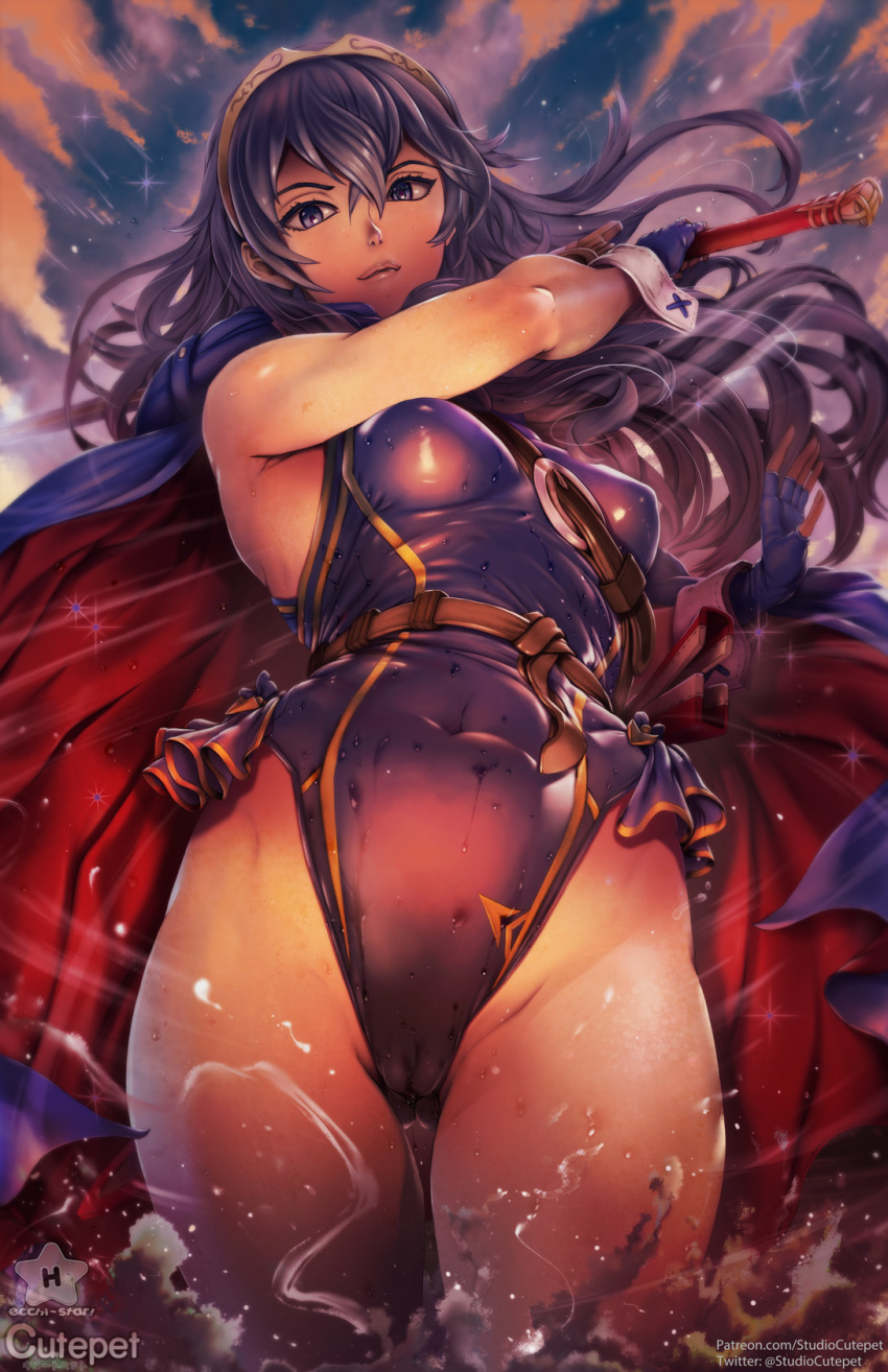 1girl banned_artist beach blue_eyes blue_hair breasts cape cutepet falchion_(fire_emblem) fingerless_gloves fire_emblem fire_emblem:_kakusei gloves highres long_hair looking_at_viewer lucina ocean one-piece_swimsuit small_breasts smile solo studiocutepet super_smash_bros. swimsuit sword thighhighs tiara water weapon