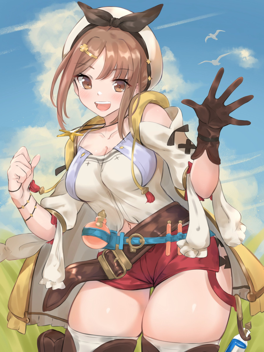 1girl :d absurdres atelier_(series) atelier_ryza bangs belt belt_buckle beret bird blue_belt blush breasts brown_belt brown_eyes brown_gloves brown_hair buckle cleavage cloud cloudy_sky collarbone commentary cowboy_shot day eyebrows_visible_through_hair gloves hair_ornament hairclip hands_up hat highres hip_focus hood hood_down hooded_jacket jacket jewelry large_breasts leather leather_belt leather_gloves looking_at_viewer midriff_peek navel_cutout necklace open_mouth outdoors pose pouch red_shorts reisalin_stout renzu_(lens_02) round-bottom_flask shirt short_shorts shorts shoulder_cutout single_glove sky smile solo star star_necklace thigh_gap thigh_pouch thighhighs thighs tsurime upper_teeth vial white_headwear white_legwear white_shirt wind wristband yellow_jacket