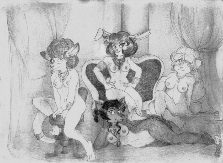 2019 anthro areola ashlee_hurwitz breasts canid canine curtains dhole dormouse female fluffy fluffy_tail fur furniture good_cheese greyscale hair jewelry lagomorph leporid looking_at_viewer macropod mammal mara_kilpatrick marsupial missebony monochrome navel nina_morena_agil nipples nude pinup pose priya_parvati rodent simple_background sitting sketch slightly_chubby smile tail_rings tasteful traditional_media_(artwork) vintage wallaby