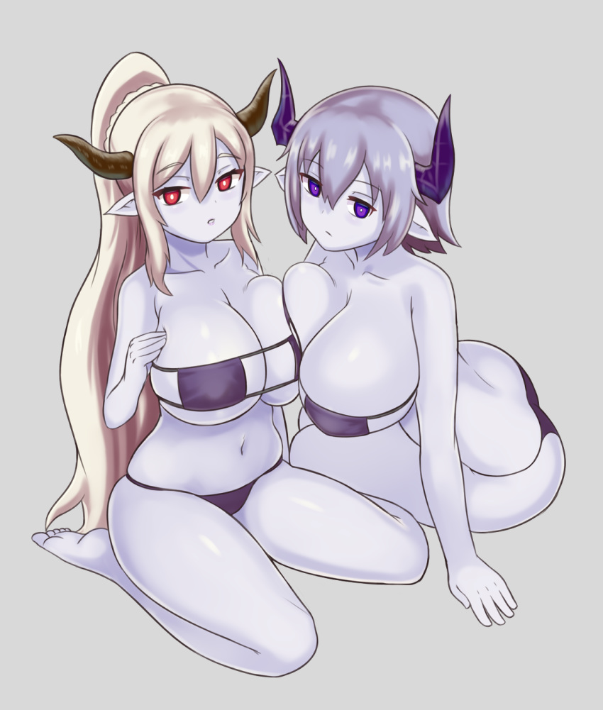 2girls ass asymmetrical_docking bangs bare_legs bare_shoulders barefoot bikini black_bikini blonde_hair braid breast_press breasts cleavage collarbone crown_braid expressionless eyebrows_visible_through_hair eyepatch_bikini grey_background grey_hair hair_between_eyes highres horns huge_breasts lich_(monster_girl_encyclopedia) long_hair looking_at_viewer monster_girl_encyclopedia multiple_girls nav navel pale_skin pointy_ears purple_eyes red_eyes short_hair simple_background sitting skindentation swimsuit very_long_hair wight_(monster_girl_encyclopedia)