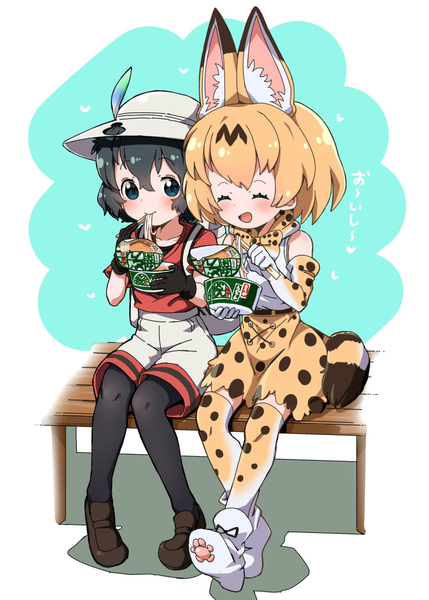 2girls :d ^_^ animal_ear_fluff animal_ears backpack bag bare_shoulders bench black_gloves black_hair black_legwear blonde_hair boots bow bowtie brown_footwear chopsticks closed_eyes commentary_request donbee_(food) eating elbow_gloves extra_ears food gloves hat hat_feather heart high-waist_skirt highres kaban_(kemono_friends) kemono_friends legwear_under_shorts multiple_girls nekonyan_(inaba31415) noodles open_mouth pantyhose print_gloves print_legwear print_neckwear print_skirt red_shirt serval_(kemono_friends) serval_ears serval_print serval_tail shirt shoes short_hair short_sleeves shorts sitting skirt sleeveless sleeveless_shirt smile tail thighhighs translated white_footwear white_shirt white_shorts