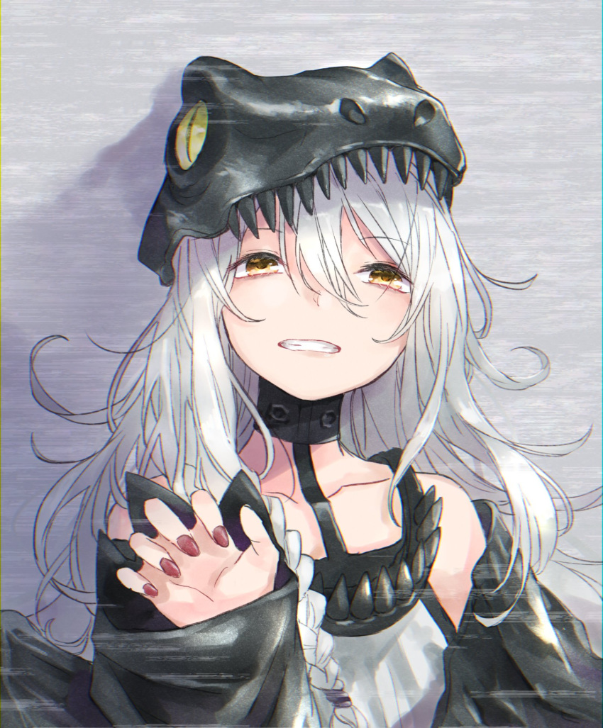 1girl alternate_costume commentary_request cosplay g11_(girls_frontline) girls_frontline highres jacket kunoki_toki paw_pose raptor silver_hair smile solo teeth yellow_eyes