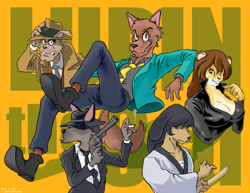 alternate_species anthro aoino_broome arsene_lupin_iii black_necktie black_nose blue_clothing blue_necktie breasts brown_hair canid canine cheetah chest_wraps cigar cleavage clothed clothing daisuke_jigen dated felid feline female footwear fujiko_mine fur furgonomics furrification goemon_ishikawa_xiii green_clothing grey_clothing hair hat headgear headwear looking_at_viewer lupin_iii male mammal mature_female mature_male shoes tan_fur white_clothing wraps yellow_fur zenigata_kouichi