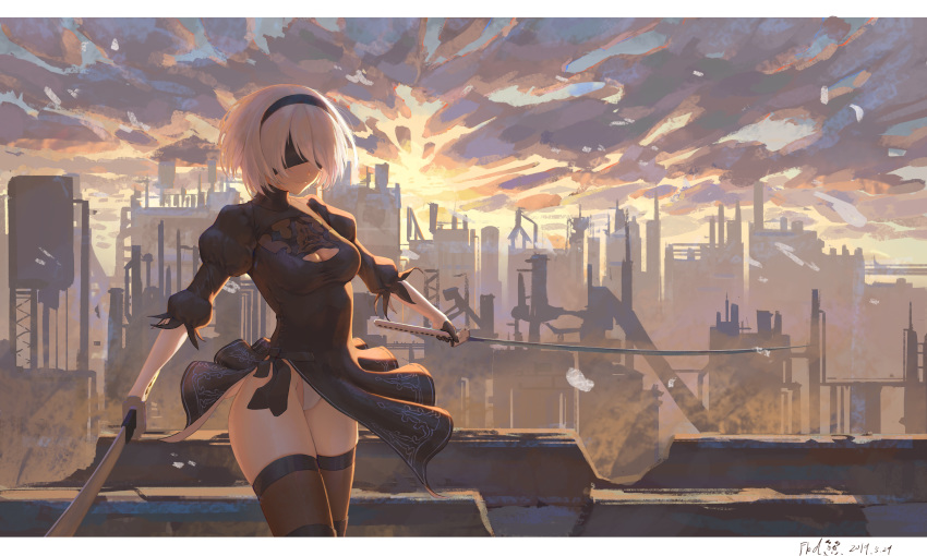 fled nier_automata sword thighhighs yorha_no.2_type_b