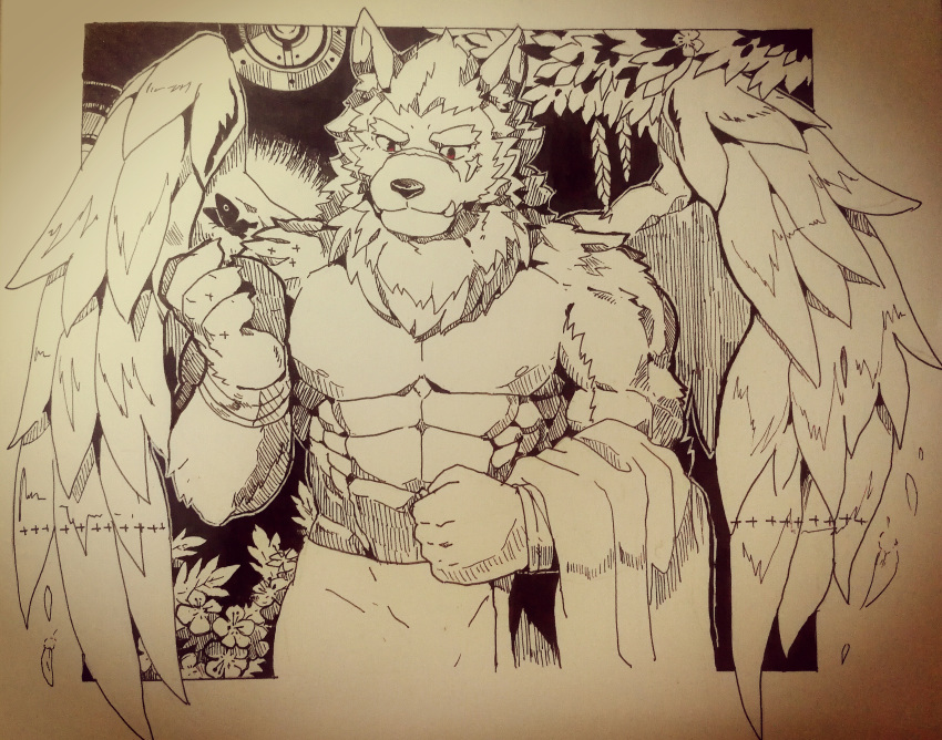 abs absurd_res anthro arthropod biceps black_and_white butterfly canid canine canis demon detailed_background feathered_wings feathers hair hi_res insect lepidopteran male mammal marchosias monochrome mowang_yu muscular muscular_male pecs plant red_eyes scar solo tokyo_afterschool_summoners towel video_games wings wolf