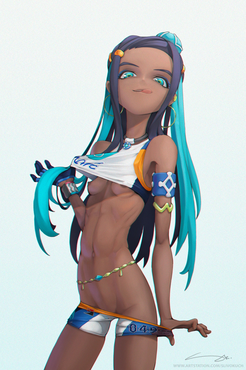 1girl aqua_eyes aqua_hair armband armlet belly_chain black_hair blue_gloves bra bra_lift breasts dark_nipples ear_piercing earrings eyelashes eyeshadow forehead gloves grey_background hair_bun highres hoop_earrings jewelry licking_lips lifted_by_self long_hair looking_at_viewer makeup multicolored_hair naughty_face navel necklace nipples no_panties perky_breasts petite piercing pokemon pokemon_(game) pokemon_swsh pulled_by_self ribs rurina_(pokemon) shorts shorts_pull signature single_glove slivokuch small_breasts solo sports_bra toned tongue tongue_out two-tone_hair underwear undressing