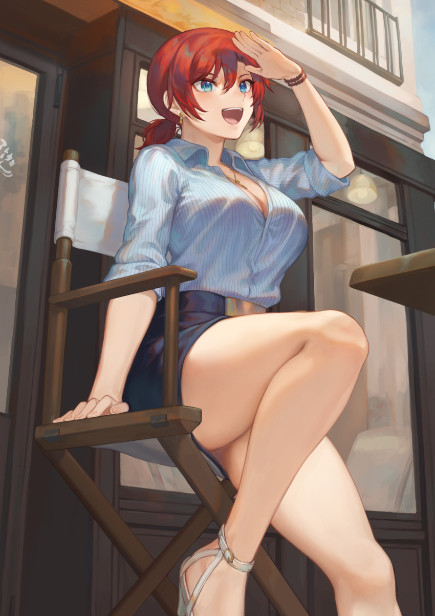 1girl :d bangs belt blue_eyes blue_shirt blue_skirt blue_sky blush boudica_(fate/grand_order) bracelet breasts building casual chair cleavage collared_shirt commentary_request day fate/grand_order fate_(series) hair_between_eyes hand_up high_heels highres jewelry large_breasts long_sleeves low_ponytail mashuu_(neko_no_oyashiro) necklace open_mouth outdoors partially_unbuttoned ponytail red_hair shirt short_hair sidelocks sitting skirt sky sleeves_rolled_up smile solo thighs white_footwear