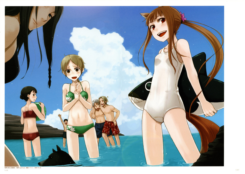 3boys 4girls :d absurdres animal_ears arm_around_neck arm_up ayakura_juu ball beachball bikini black_bikini_top black_hair blood blue_sky blush breasts brown_hair cloud collarbone craft_lawrence day dian_rubens dog enekk floating_hair flower green_bikini hair_flower hair_ornament highres holding holding_ball holo lens_flare long_hair looking_at_viewer looking_back male_swimwear multiple_boys multiple_girls navel nora_arento nosebleed ocean official_art open_mouth outdoors print_bikini purple_flower red_bikini red_eyes school_swimsuit short_hair shoulder_blades sky small_breasts smile spice_and_wolf strapless strapless_bikini sweatdrop swimsuit swimwear tail very_long_hair wading white_school_swimsuit white_swimsuit wolf_ears wolf_tail