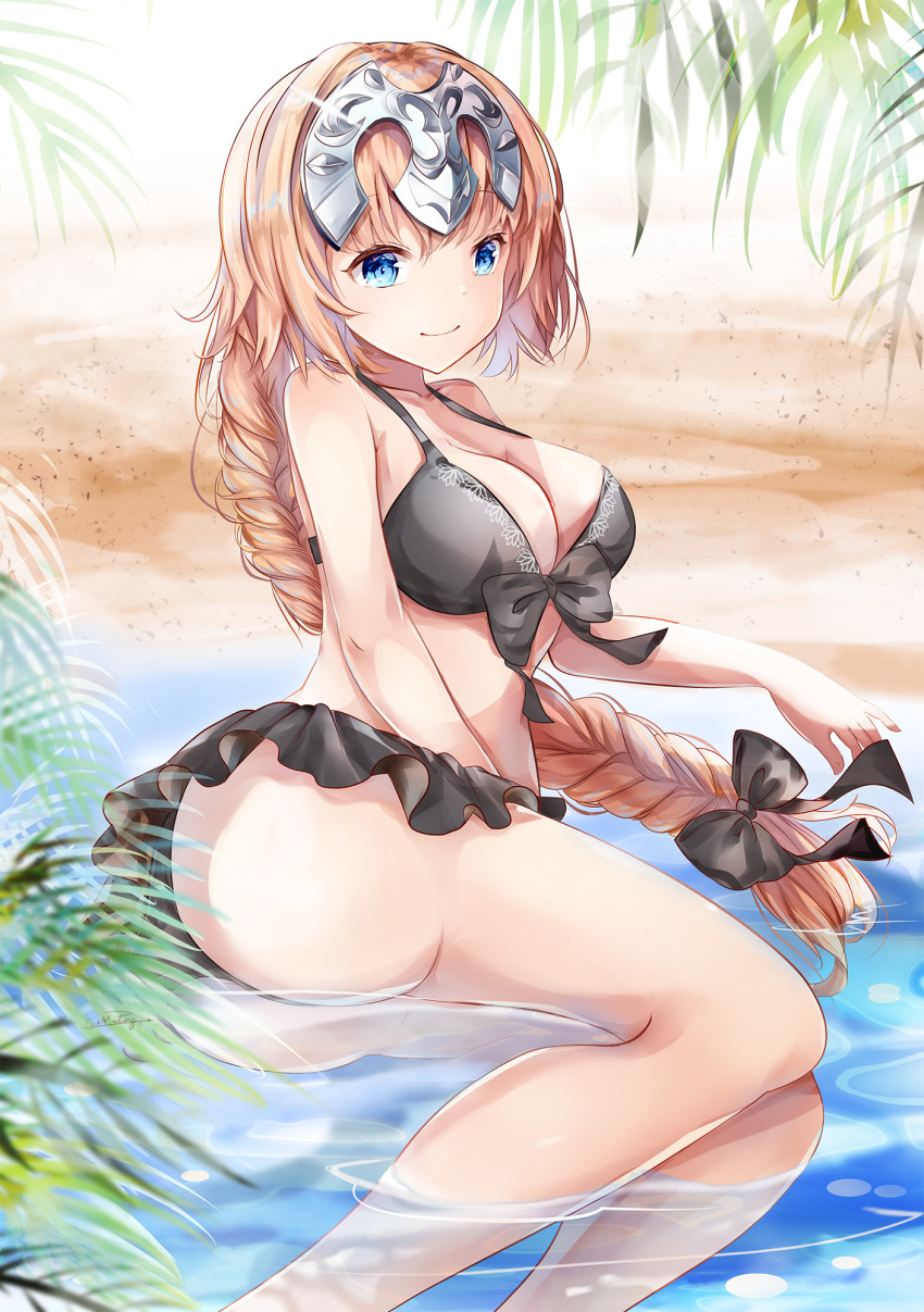 1girl ass beach bikini black_bikini black_bow blonde_hair blue_eyes bow braid breasts cleavage collarbone commentary_request fate/grand_order fate_(series) frilled_bikini frills front-tie_bikini front-tie_top hair_bow headpiece highres jeanne_d'arc_(fate)_(all) jeanne_d'arc_(swimsuit_archer) large_breasts long_braid long_hair low-tied_long_hair lying mutang ocean on_side palm_tree partially_submerged single_braid smile solo swimsuit tree