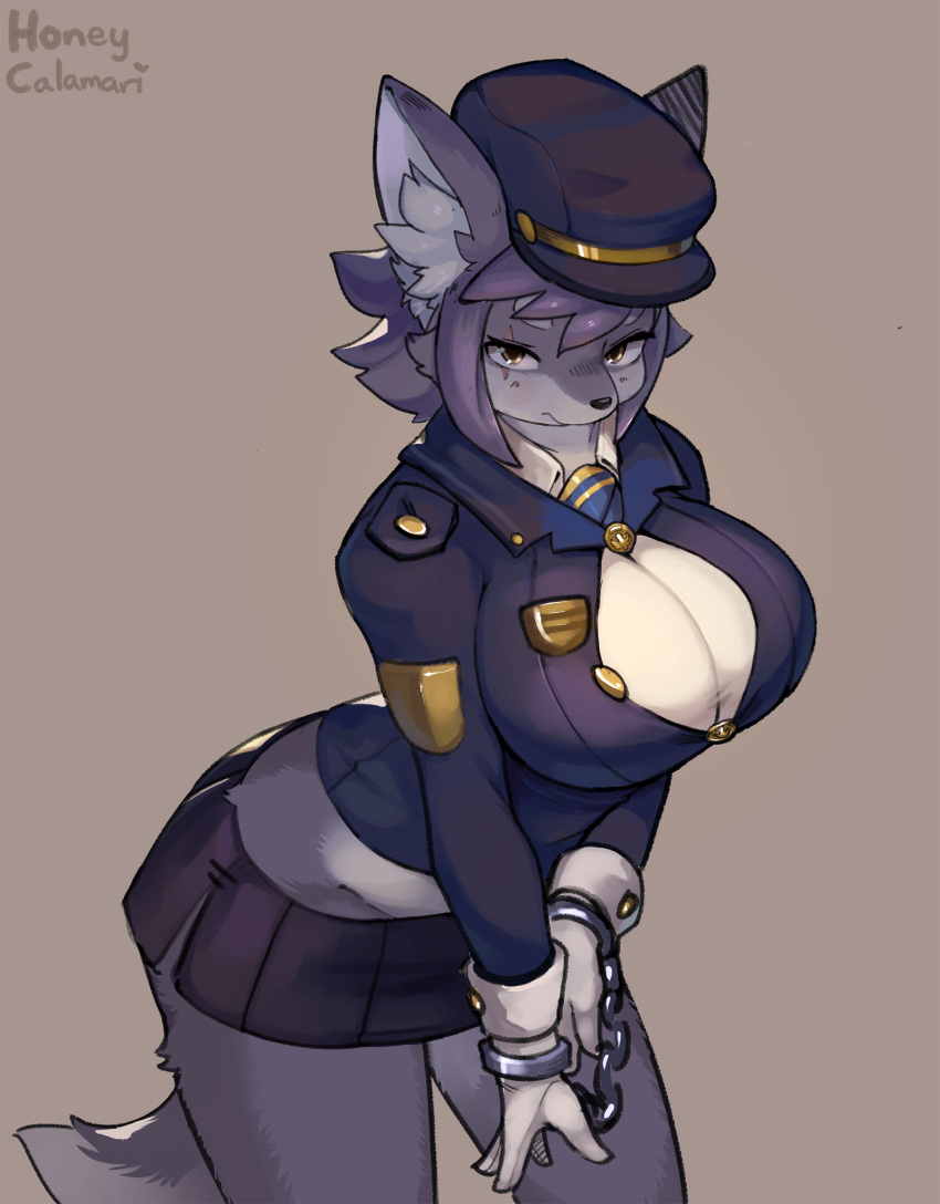 anthro big_breasts breasts canid canine clothing female fur grey_fur handcuffs hi_res honeycalamari mammal police shackles uniform