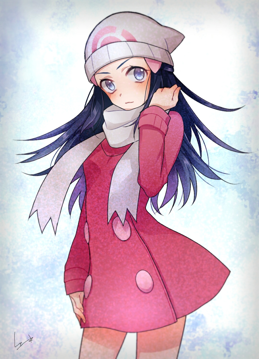 1girl black_hair blue_eyes coat coat_dress cowboy_shot floating_hair hat highres hikari_(pokemon) long_hair looking_at_viewer pink_coat poke_ball_print pokemon pokemon_(game) pokemon_dppt print_hat scarf signature smile solo standing white_headwear white_scarf winter_clothes winter_coat yuuki_(yuuk_yume)