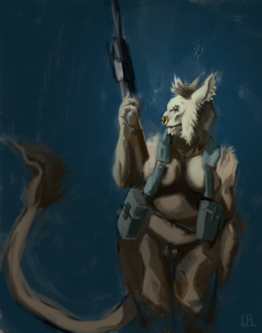 anthro armor big_breasts blindwatchman breasts facial_hair facial_piercing felid feline female gun hi_res jyta mammal mature_female mohawk_(disambiguation) nose_piercing nose_ring nude piercing pussy ranged_weapon scar slightly_chubby thick_thighs unconvincing_armor weapon