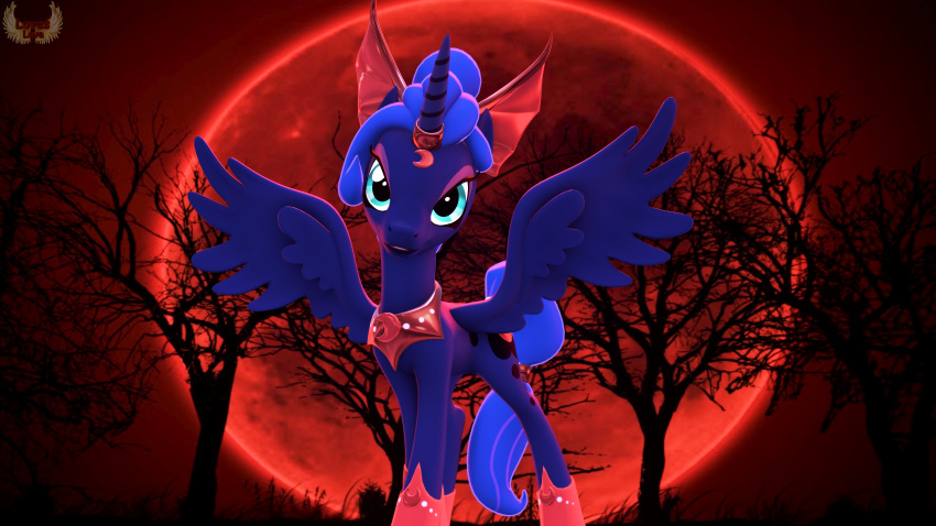 16:9 2019 3d_(artwork) 4k absurd_res blood_moon blue_eyes digital_media_(artwork) equid eyeshadow female friendship_is_magic hi_res horn loveslove makeup mammal moon my_little_pony night princess_luna_(mlp) red_eyeshadow red_theme solo winged_unicorn wings